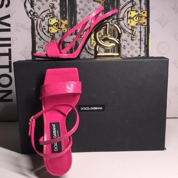New Authentic Dolce & Gabbana Calfskin Heel Sandals – Embossed DG, Pink Gold - Picture 8 of 9
